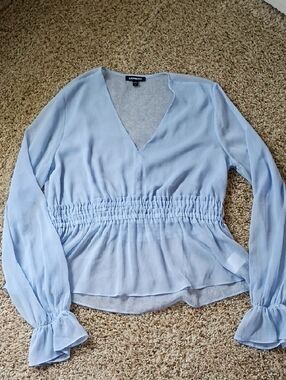 Express Pale Blue Smocked-Waist V-Neck Peplum Blouse